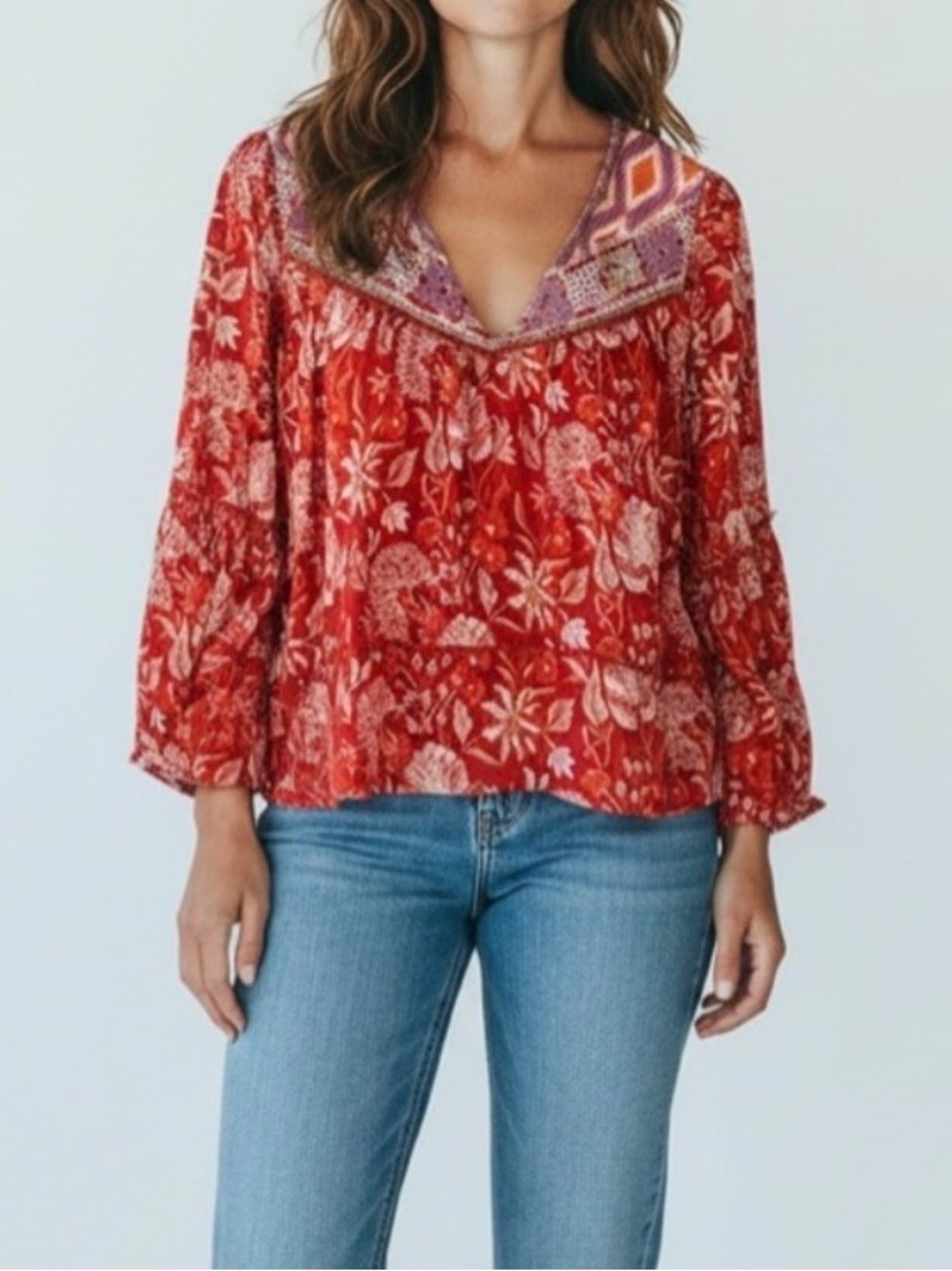 Rachel Zoe Boho Floral Embroidered Long Sleeve V-Neck Peasant Top